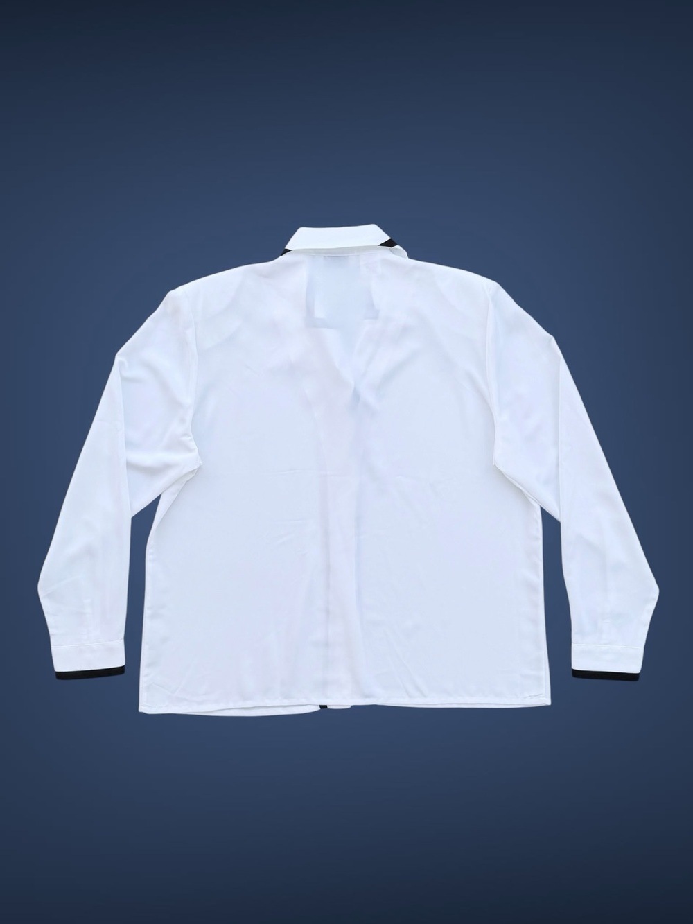 Kathy Che White with Black Trim Button Front Long Sleeve Collared Blouse ~ 16 - Picture 3 of 7